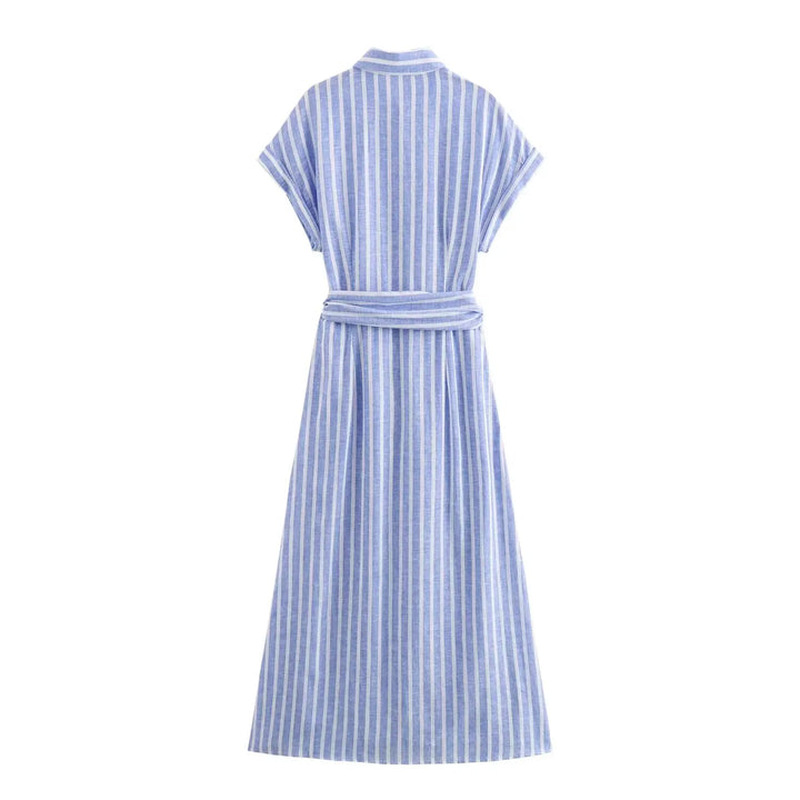 Emma | Striped Linen Belted Midi Dress