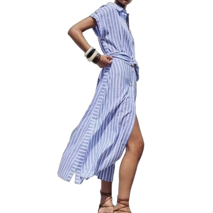 Emma | Striped Linen Belted Midi Dress