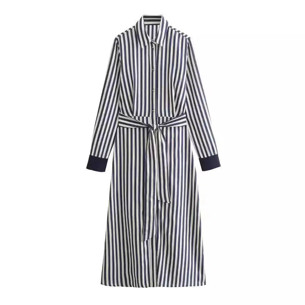 Sophia | Blue Striped Lapel Shirt Dress