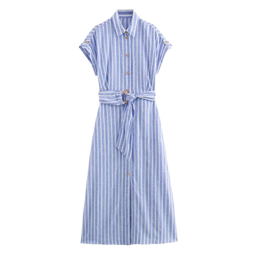 Emma | Striped Linen Belted Midi Dress