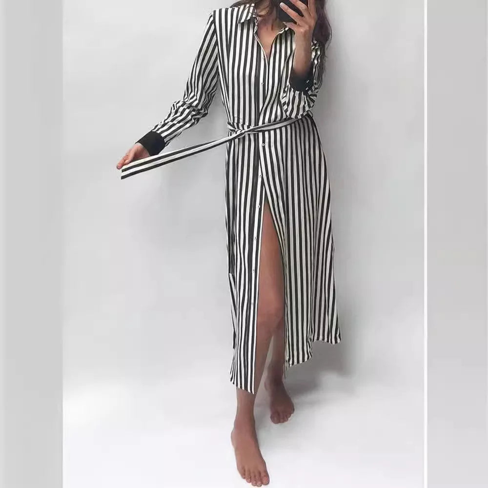 Sophia | Blue Striped Lapel Shirt Dress