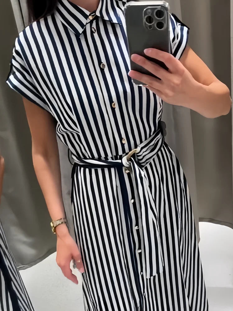 Claire | Linen Blended Striped Shirt Midi Dress