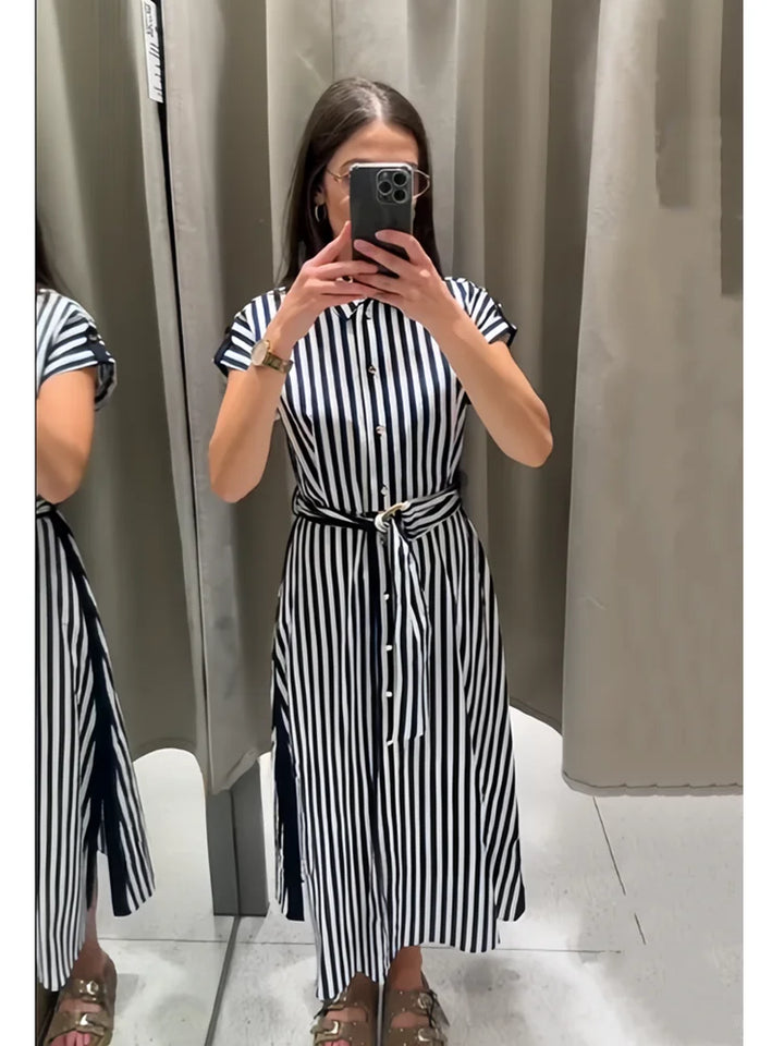 Claire | Linen Blended Striped Shirt Midi Dress