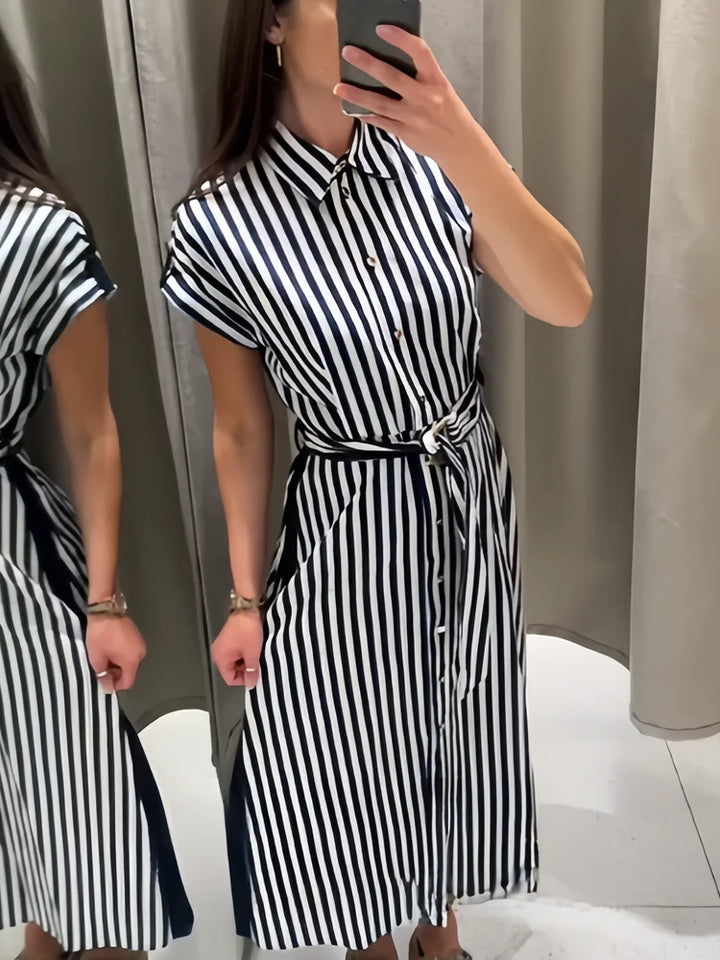 Claire | Linen Blended Striped Shirt Midi Dress