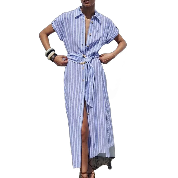 Emma | Striped Linen Belted Midi Dress