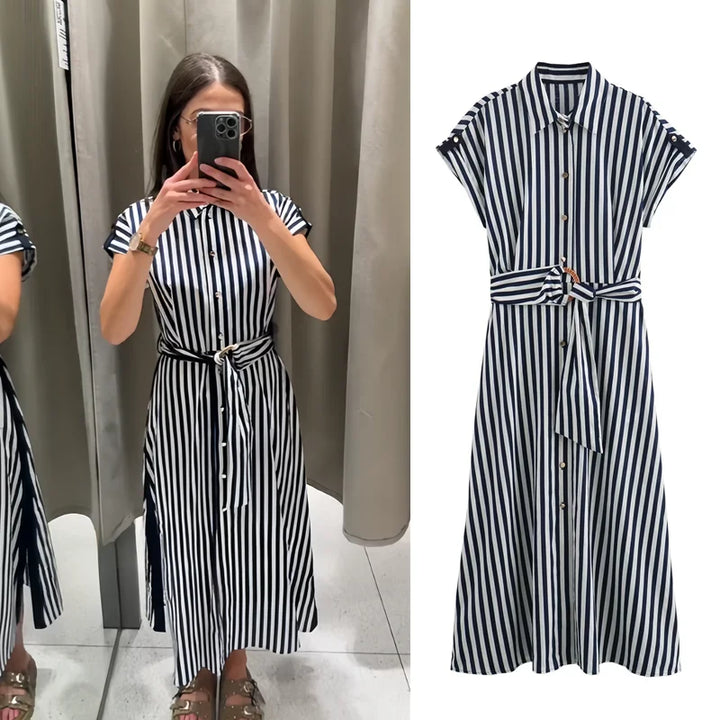 Claire | Linen Blended Striped Shirt Midi Dress