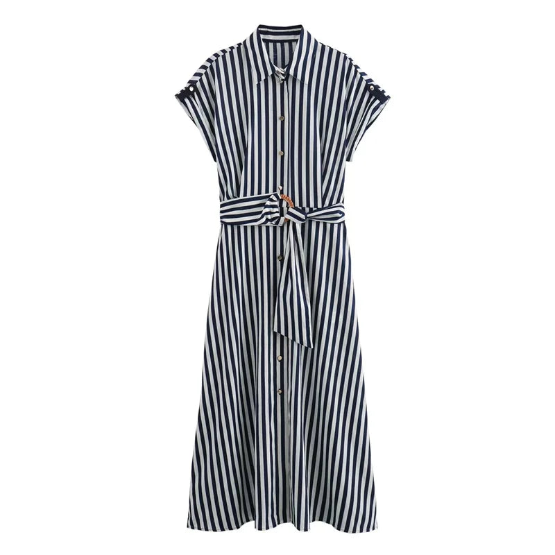 Claire | Linen Blended Striped Shirt Midi Dress